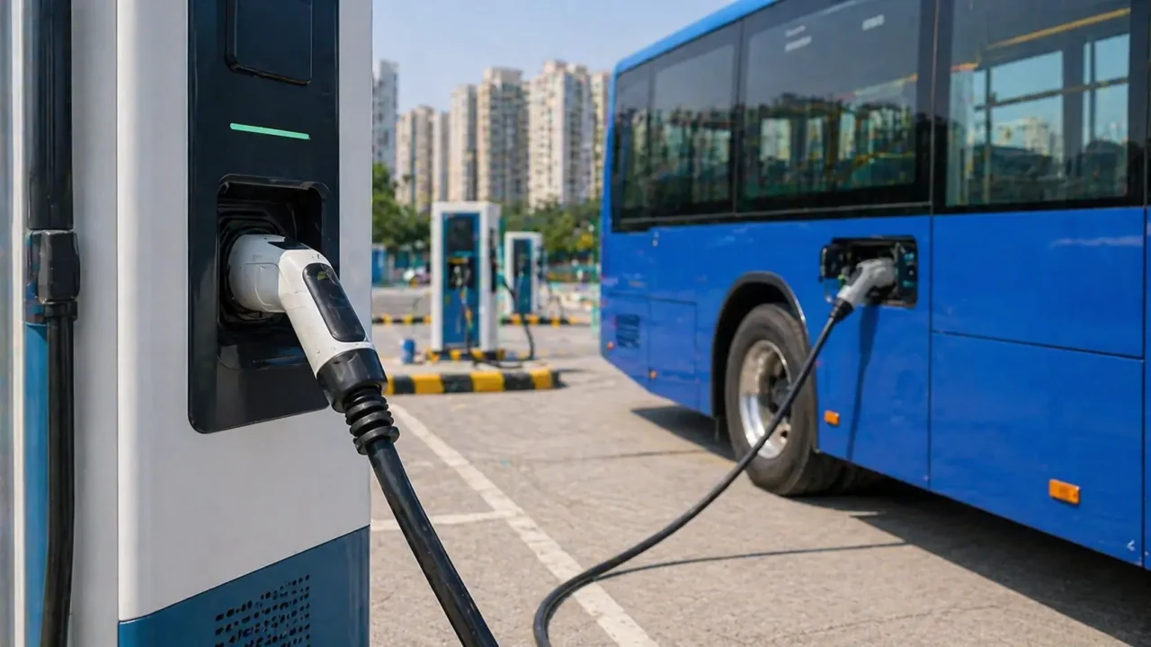Representational image of an electric bus connected to a charging station for Noida’s proposed e-bus rollout.