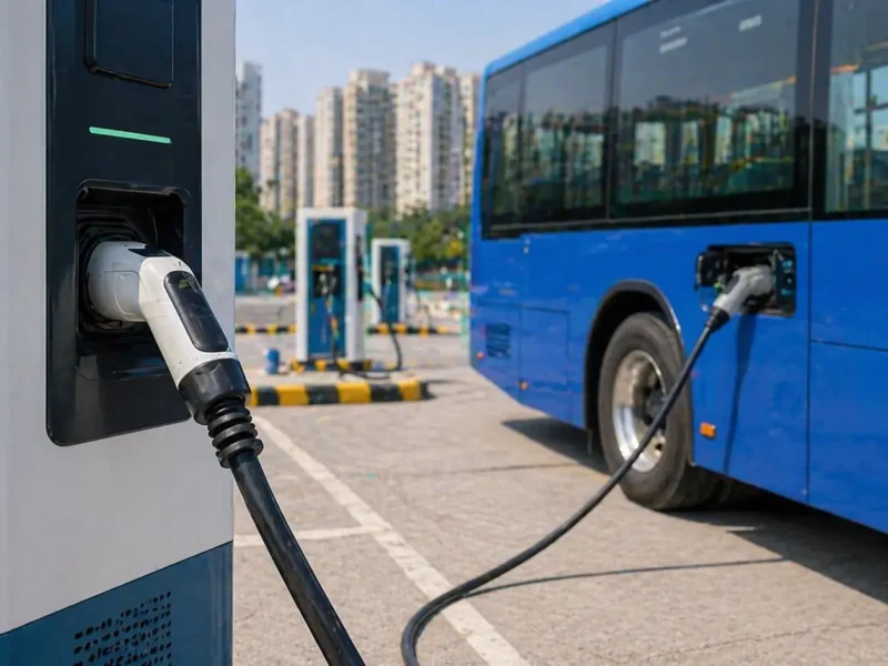 Representational image of an electric bus connected to a charging station for Noida’s proposed e-bus rollout.