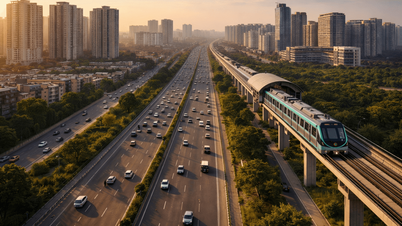 Aerial view of Noida Expressway with traffic and Aqua Line metro corridor in Noida during golden hour.