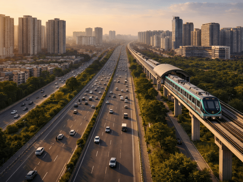 Aerial view of Noida Expressway with traffic and Aqua Line metro corridor in Noida during golden hour.