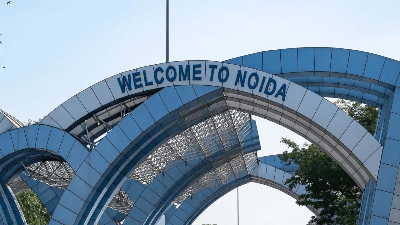 Welcome to Noida entry gate marking the city's 50th foundation day and 50 years of urban growth from 36 villages.