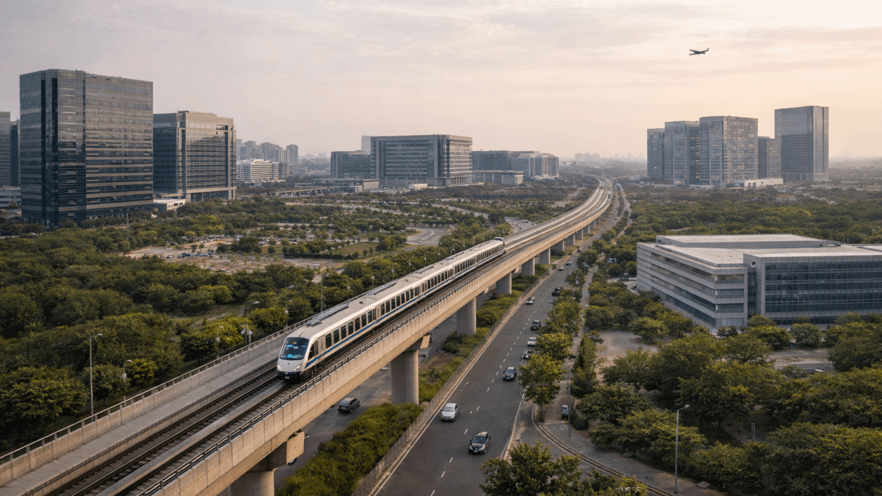 Futuristic Noida cityscape at twilight featuring the upcoming Golden Jubilee clock tower, an Aqua Line metro train, and an ascending airplane symbolizing the new international airport.