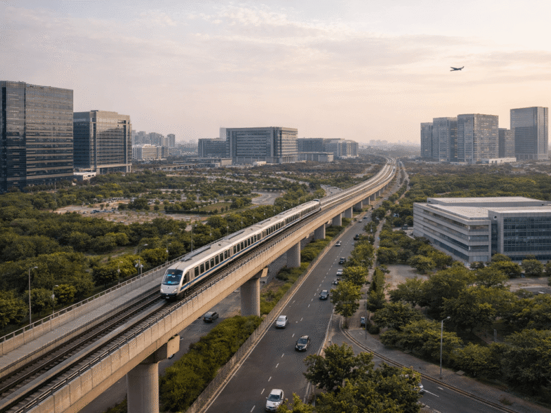 Futuristic Noida cityscape at twilight featuring the upcoming Golden Jubilee clock tower, an Aqua Line metro train, and an ascending airplane symbolizing the new international airport.