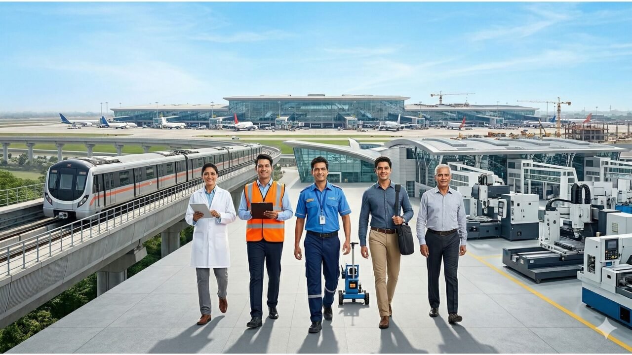 A diverse group of professionals representing various sectors walking forward, with a modern airport, a moving metro train, and manufacturing facilities in the background.