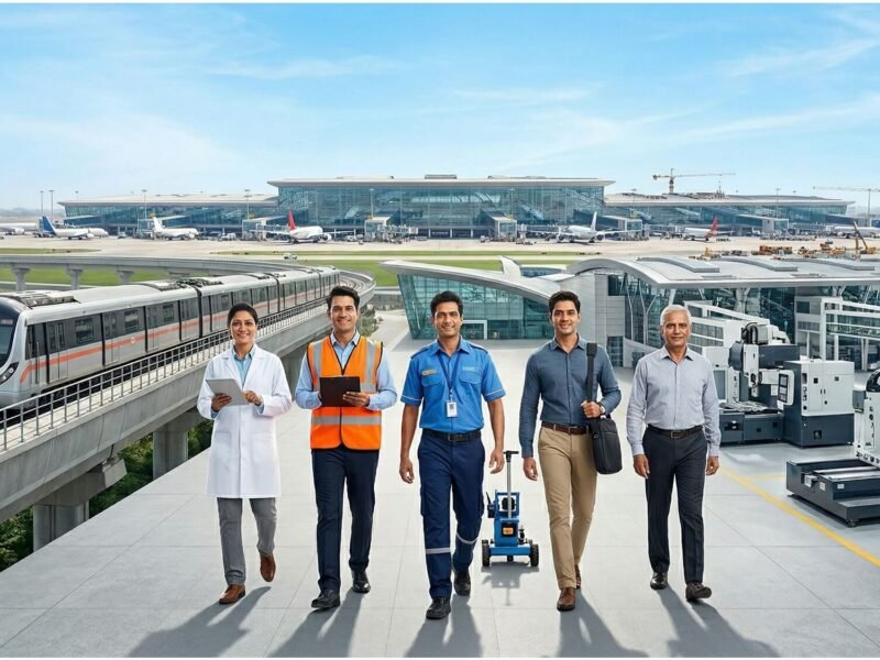 A diverse group of professionals representing various sectors walking forward, with a modern airport, a moving metro train, and manufacturing facilities in the background.