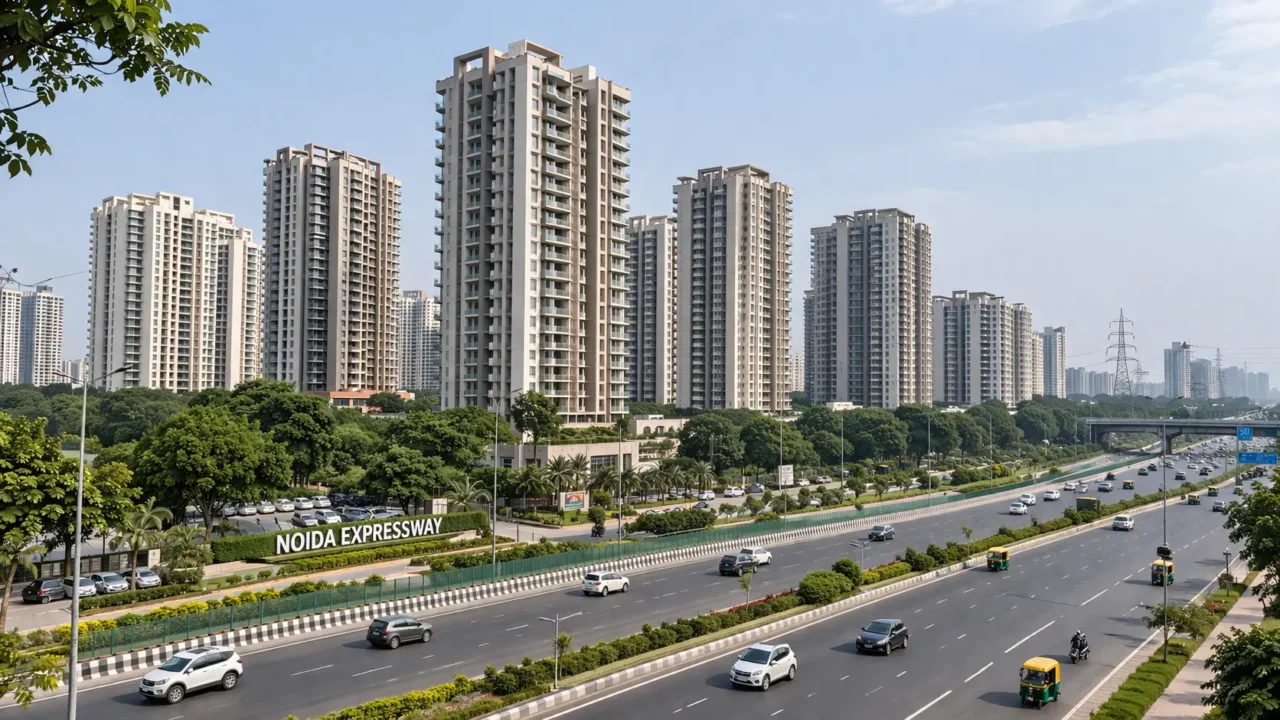 AI-generated representational image of premium residential towers near Noida Expressway showing Noida’s growing luxury housing market