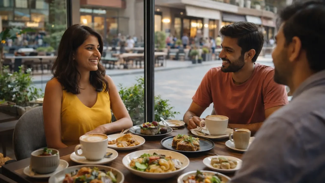 Friends enjoying brunch at a modern cafe in Noida Sector 104 with coffee and plated dishes