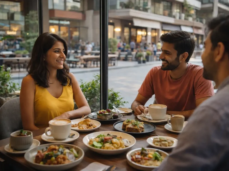 Friends enjoying brunch at a modern cafe in Noida Sector 104 with coffee and plated dishes