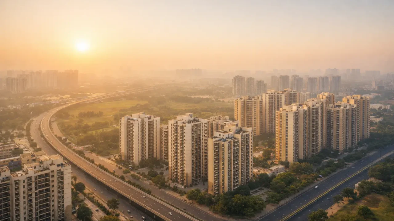 Aerial view of modern residential towers and wide roads in Noida at sunrise, representing Sector 150 growth and the city’s evolving real estate landscape.