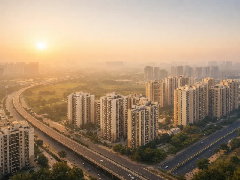 Aerial view of modern residential towers and wide roads in Noida at sunrise, representing Sector 150 growth and the city’s evolving real estate landscape.