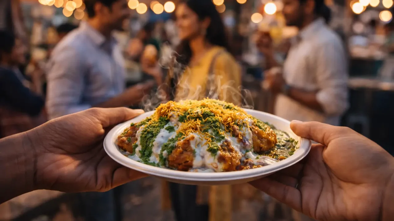 Steaming plate of aloo tikki chaat being served at an evening street food stall in Noida