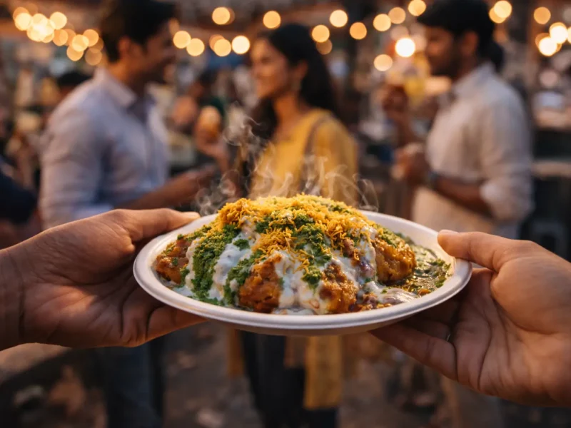 Steaming plate of aloo tikki chaat being served at an evening street food stall in Noida