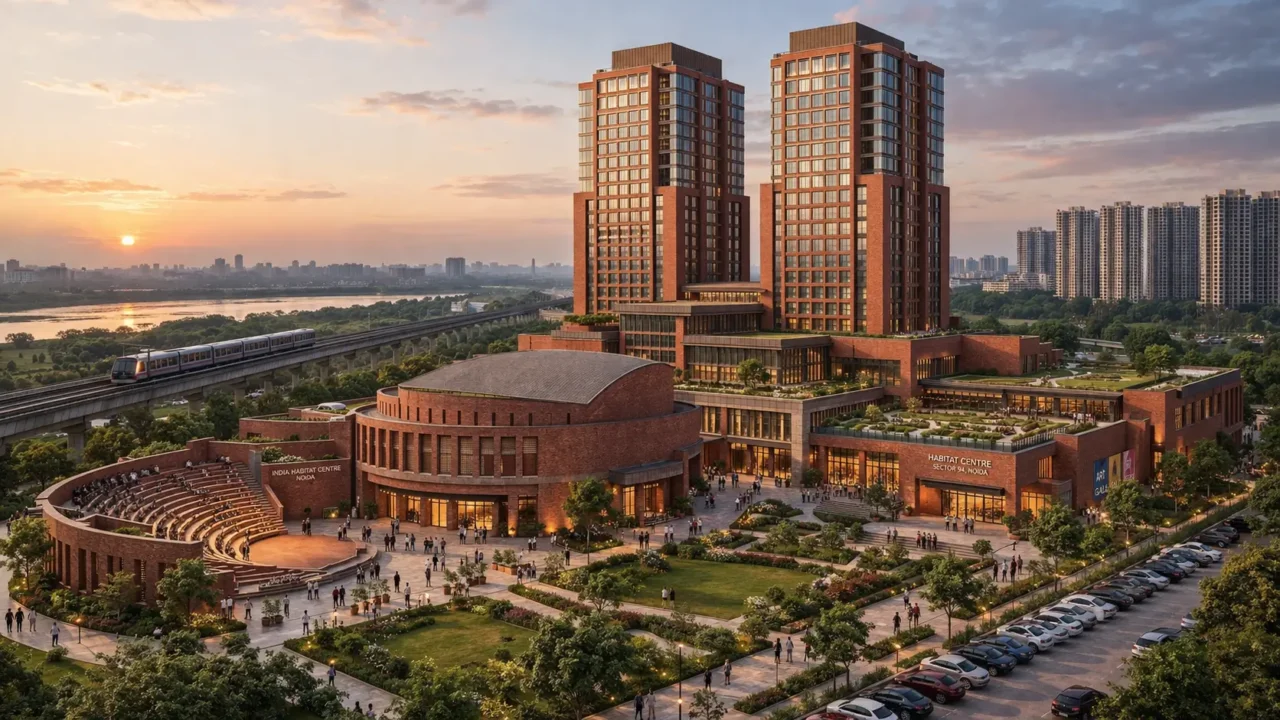 AI-generated representational image of Noida Habitat Centre project in Sector 94 with brick cultural complex, metro line, and nearby high-rises