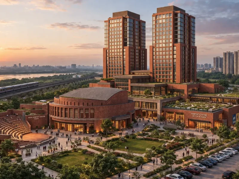 AI-generated representational image of Noida Habitat Centre project in Sector 94 with brick cultural complex, metro line, and nearby high-rises