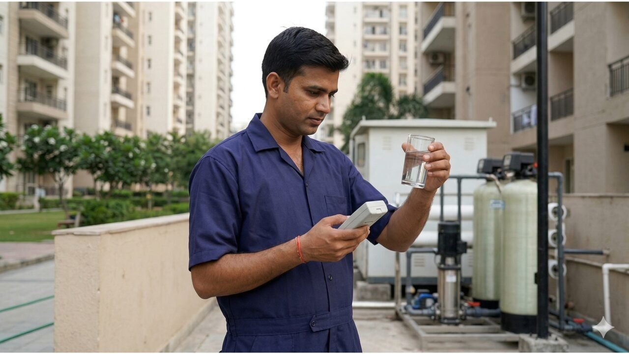Worker testing water sample in a Noida apartment society