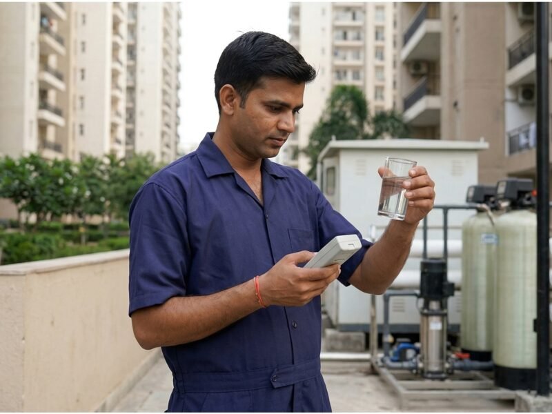 Worker testing water sample in a Noida apartment society