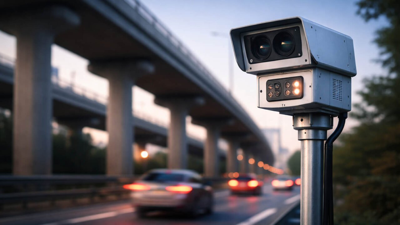 AI-generated representational image of an ANPR traffic camera near an elevated road in Noida used to illustrate digital traffic enforcement and speed monitoring