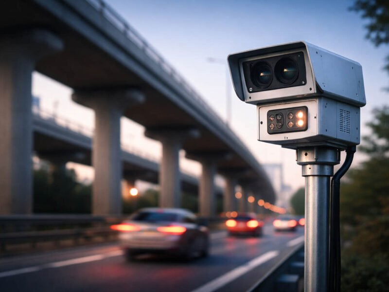 AI-generated representational image of an ANPR traffic camera near an elevated road in Noida used to illustrate digital traffic enforcement and speed monitoring