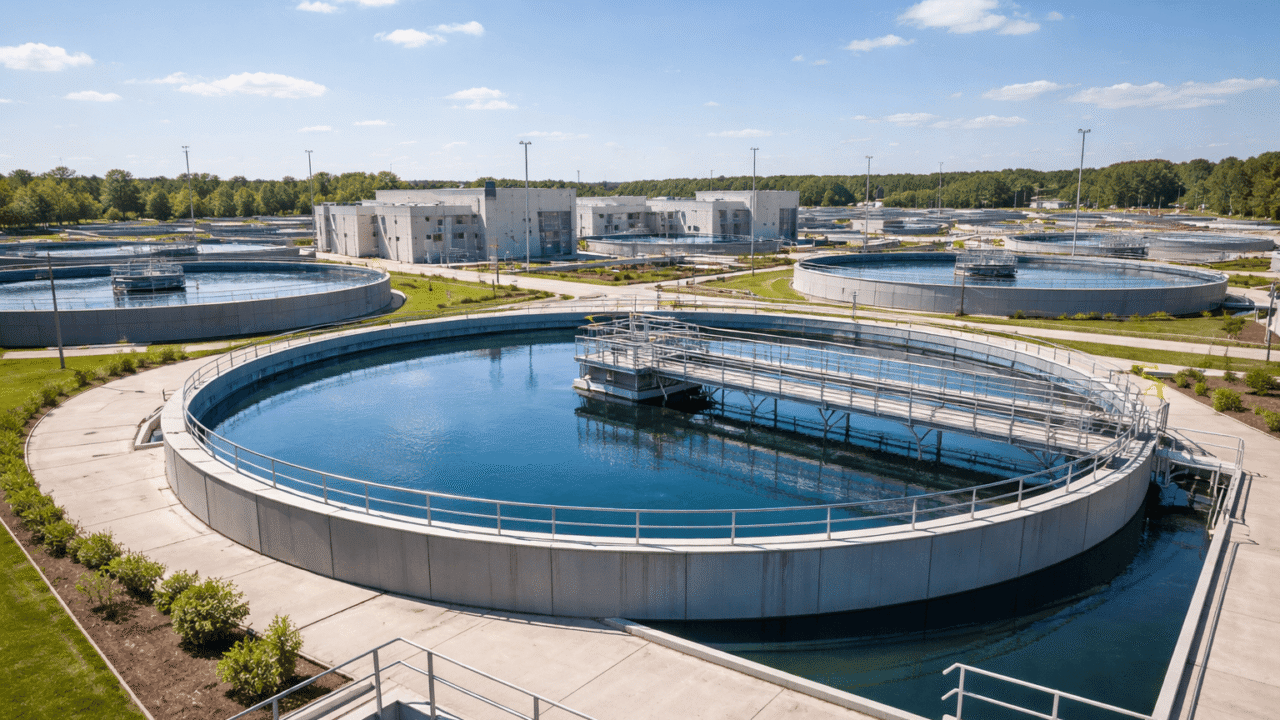 Modern municipal water treatment facility with large circular clarifier tanks, representing Noida’s water supply system and treatment infrastructure.