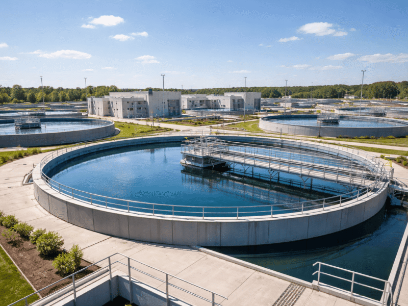 Modern municipal water treatment facility with large circular clarifier tanks, representing Noida’s water supply system and treatment infrastructure.