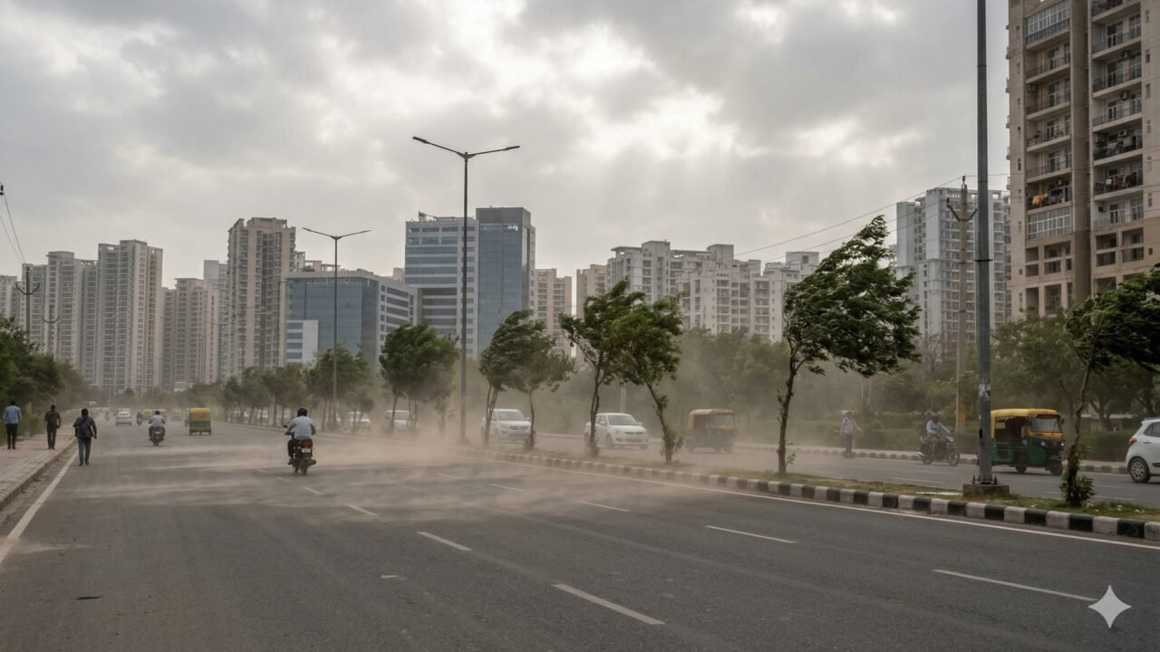 Dusty and cloudy weather conditions on a road in Noida as strong winds sweep through the city