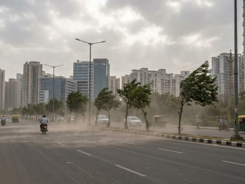 Dusty and cloudy weather conditions on a road in Noida as strong winds sweep through the city