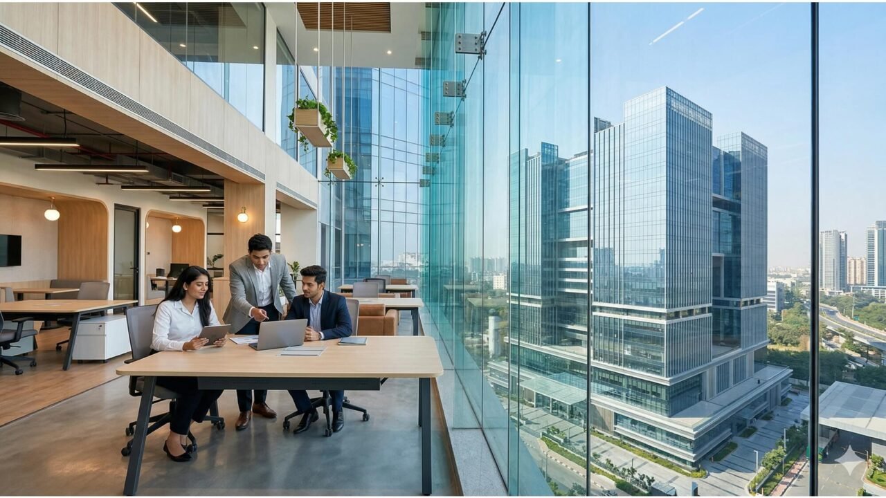 Professionals collaborating inside a bright, premium coworking space with large glass windows overlooking commercial buildings at Skymark One Sector 98 Noida.