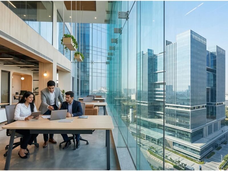 Professionals collaborating inside a bright, premium coworking space with large glass windows overlooking commercial buildings at Skymark One Sector 98 Noida.