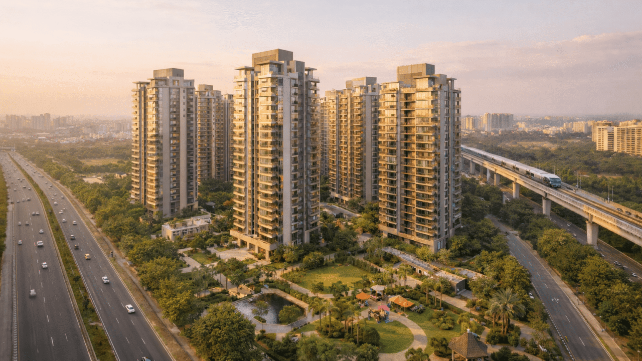 Premium residential towers in Noida with metro and expressway at sunset