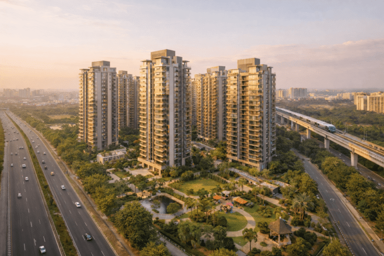 Premium residential towers in Noida with metro and expressway at sunset