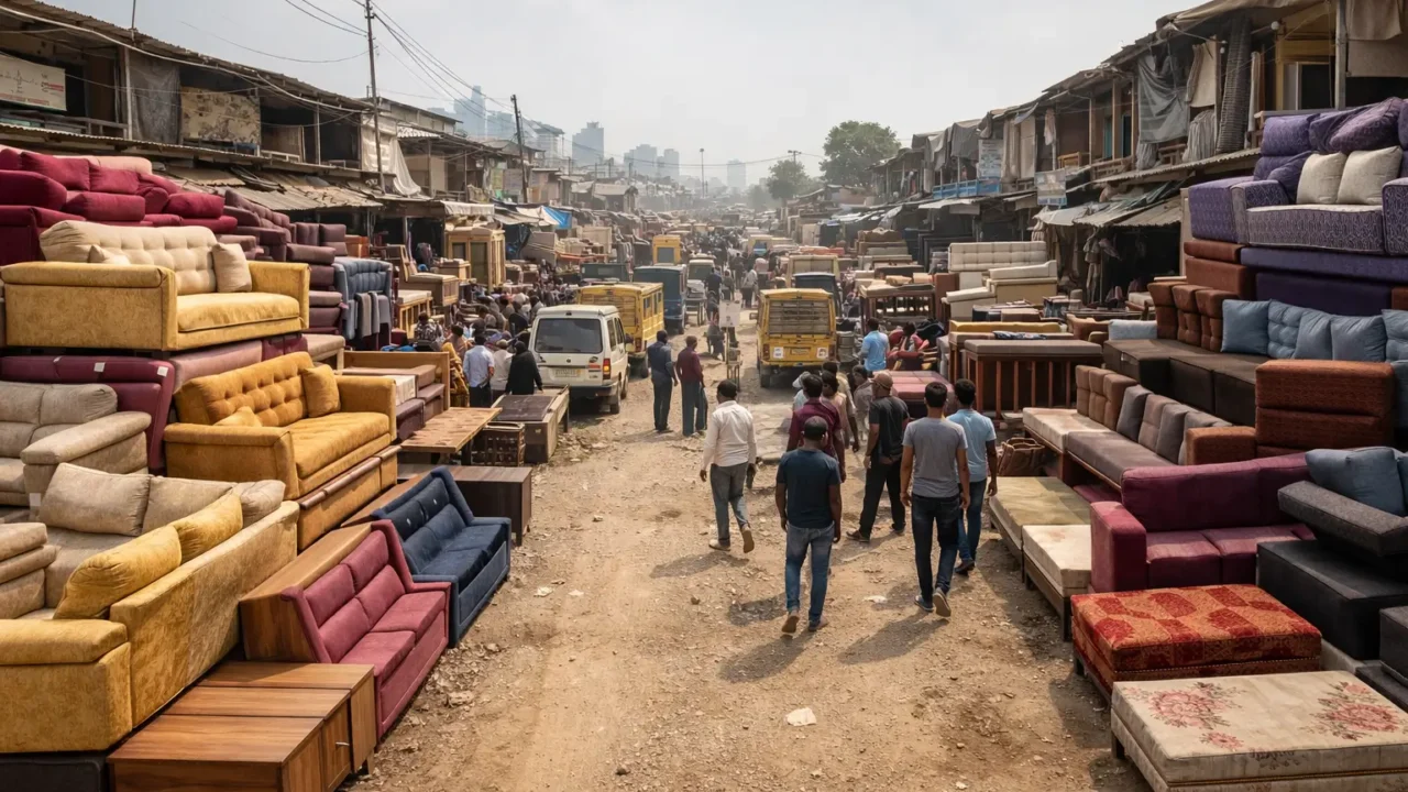 AI-generated representational image of Shahberi furniture market near Noida Extension with roadside sofas, beds, dusty lane, and local shoppers