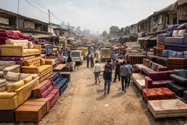 AI-generated representational image of Shahberi furniture market near Noida Extension with roadside sofas, beds, dusty lane, and local shoppers