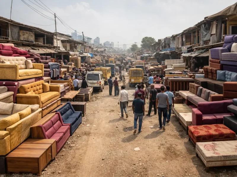 AI-generated representational image of Shahberi furniture market near Noida Extension with roadside sofas, beds, dusty lane, and local shoppers