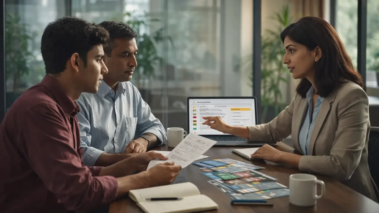 Student and parent meeting an education counsellor in a modern Noida office to discuss study abroad options