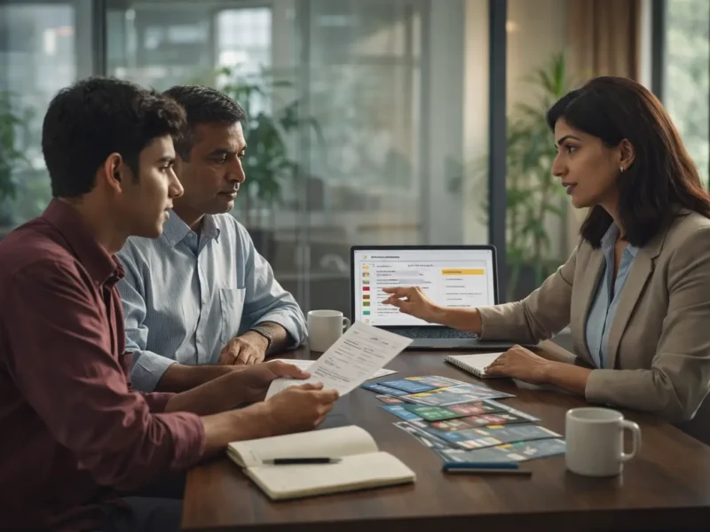 Student and parent meeting an education counsellor in a modern Noida office to discuss study abroad options