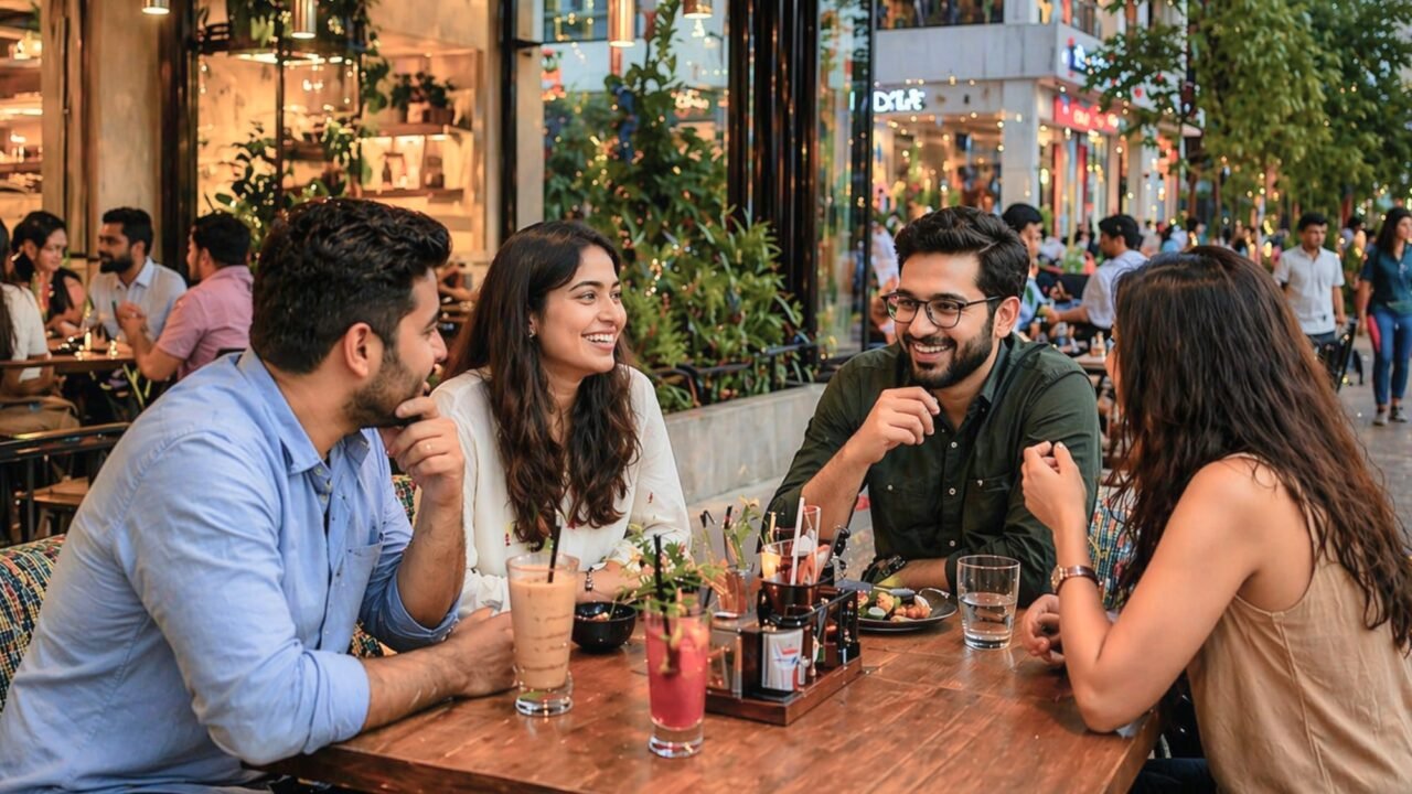 Young professionals and friends dining outdoors at a stylish cafe in Noida during evening hours