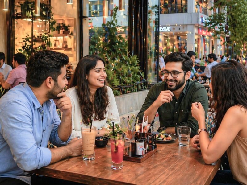 Young professionals and friends dining outdoors at a stylish cafe in Noida during evening hours