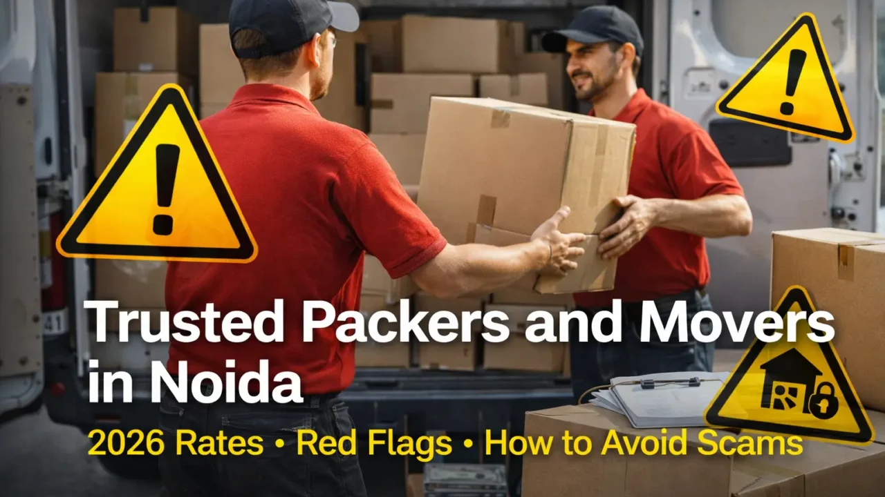 Movers unloading cardboard boxes from a delivery truck for a home shifting service in Noida