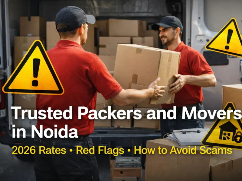 Movers unloading cardboard boxes from a delivery truck for a home shifting service in Noida