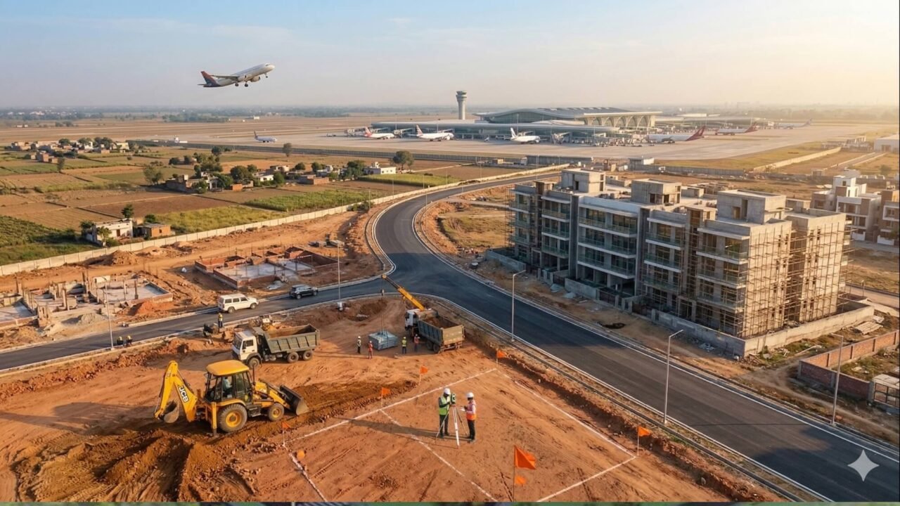 Aerial view of new residential construction and plot surveying happening directly adjacent to the newly inaugurated Noida International Airport in Jewar.