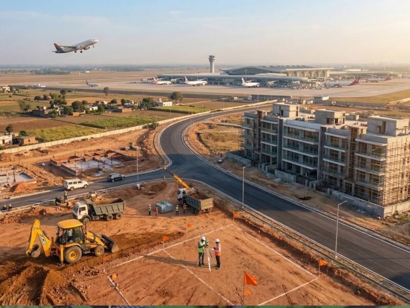 Aerial view of new residential construction and plot surveying happening directly adjacent to the newly inaugurated Noida International Airport in Jewar.
