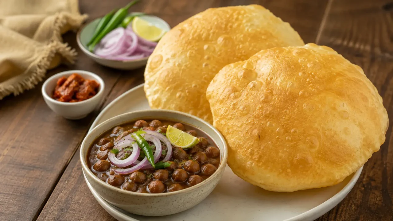 Plate of chole bhature with puffed golden bhature, spiced chole, sliced onions, green chilli, lemon wedge and pickle -- best chole bhature in Noida, Greater Noida and Yamuna Expressway 2026