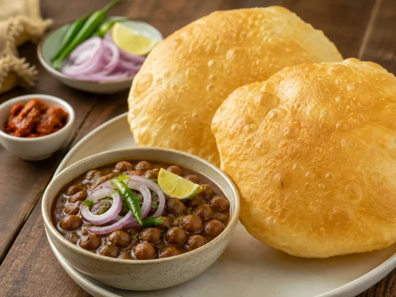 Plate of chole bhature with puffed golden bhature, spiced chole, sliced onions, green chilli, lemon wedge and pickle -- best chole bhature in Noida, Greater Noida and Yamuna Expressway 2026