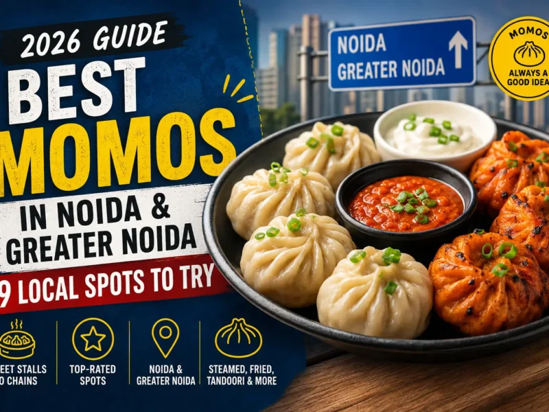 Plate of steamed and tandoori momos with chutney for a Noida and Greater Noida food guide