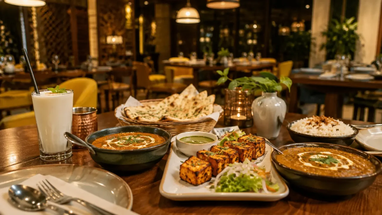 Indian restaurant spread with dal makhani, paneer tikka, naan and lassi at a restaurant in Noida, 2026