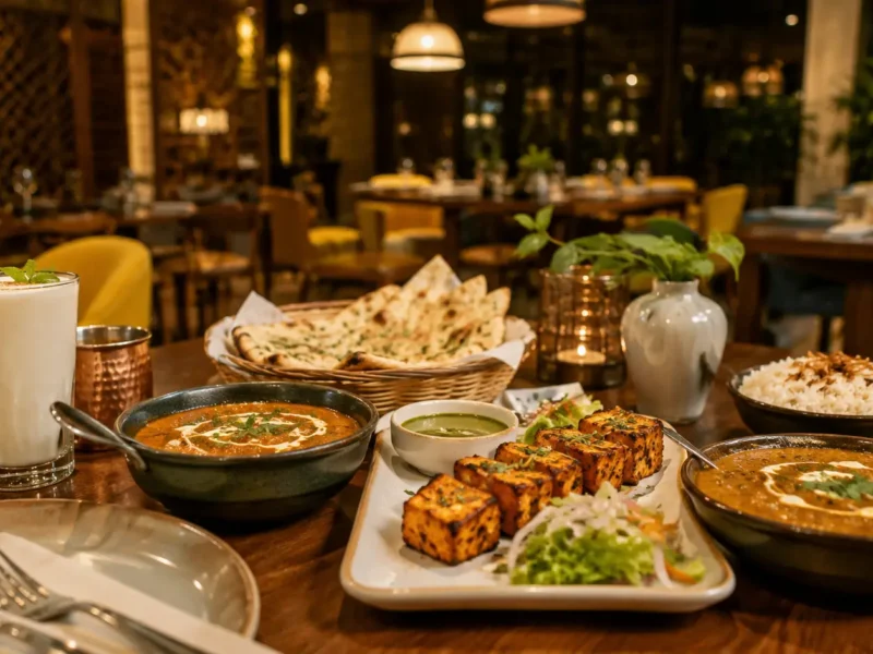 Indian restaurant spread with dal makhani, paneer tikka, naan and lassi at a restaurant in Noida, 2026