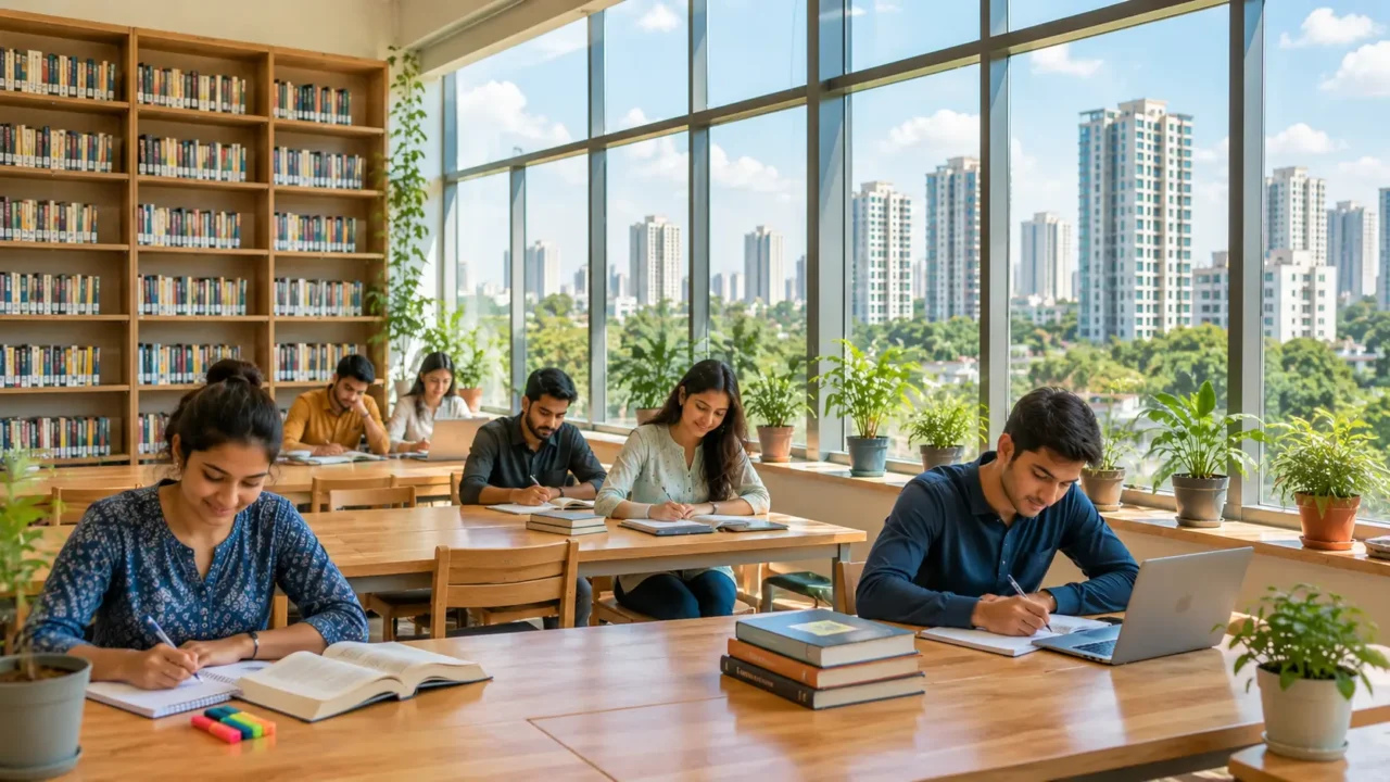 Students studying in a bright Noida library with city skyline outside the window