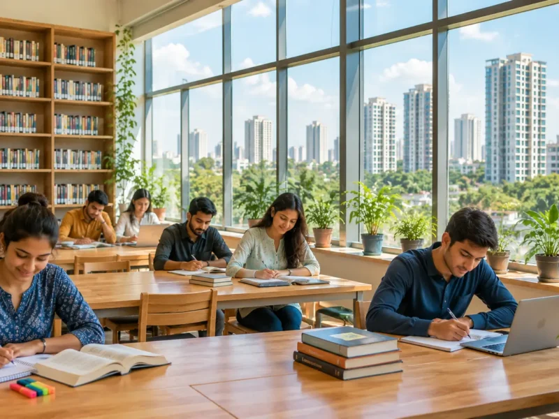 Students studying in a bright Noida library with city skyline outside the window