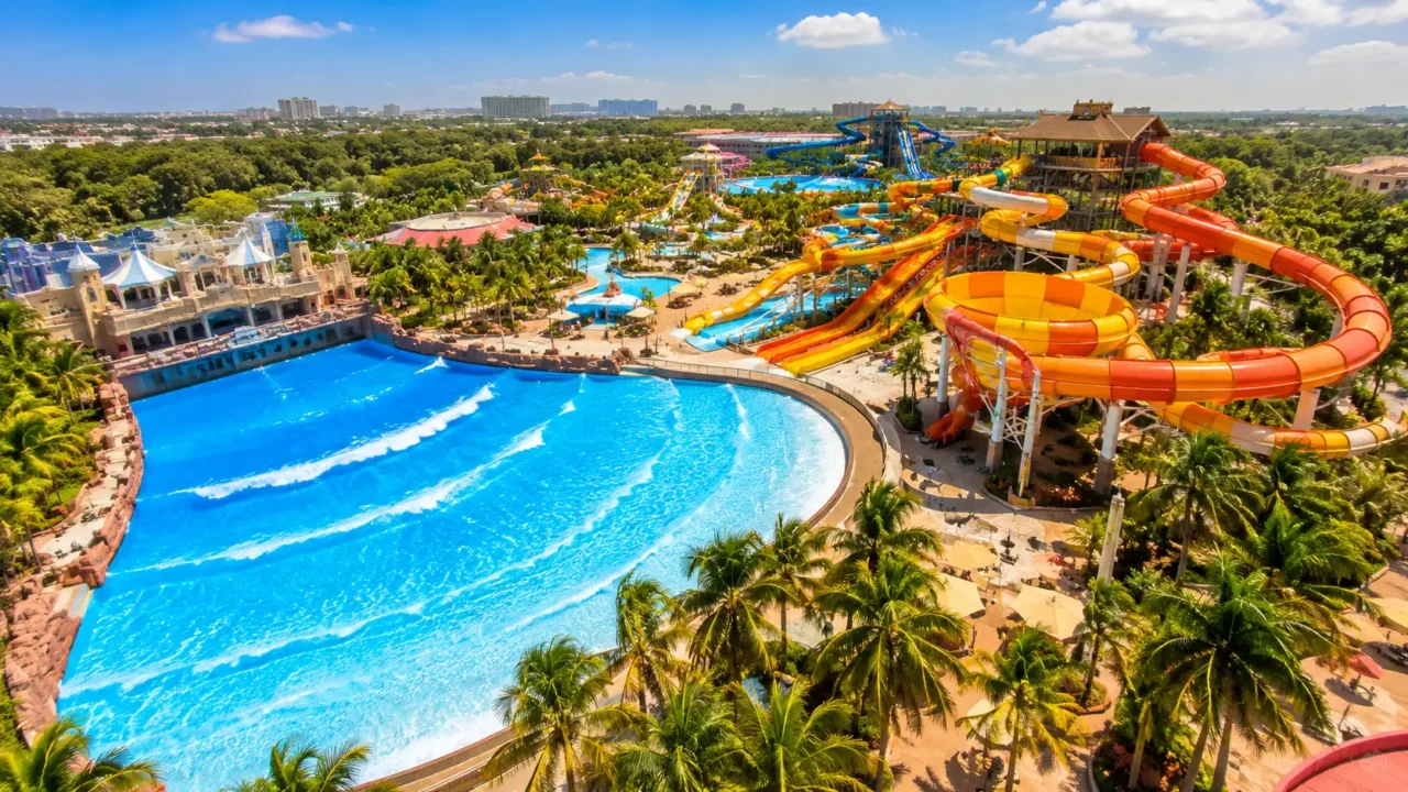 Aerial view of a water park near Noida with wave pool and colourful water slides — summer 2026