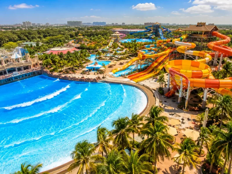 Aerial view of a water park near Noida with wave pool and colourful water slides — summer 2026